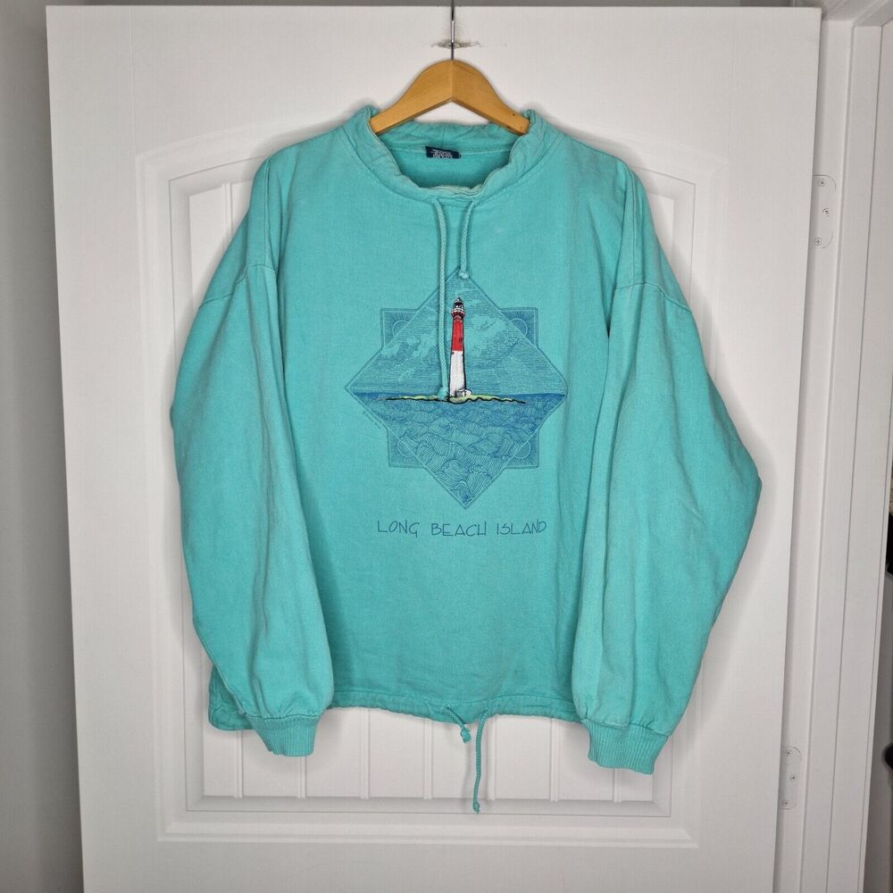 Vintage WEK The World Sweater Womens Large Blue Long Beach Island Drawstring